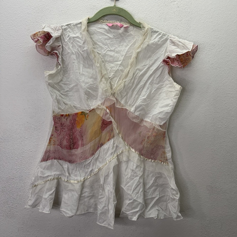Y2K Pinky Floral Lace Babydoll Top Coquette Fairycore Patchwork Mixed Media SZ M